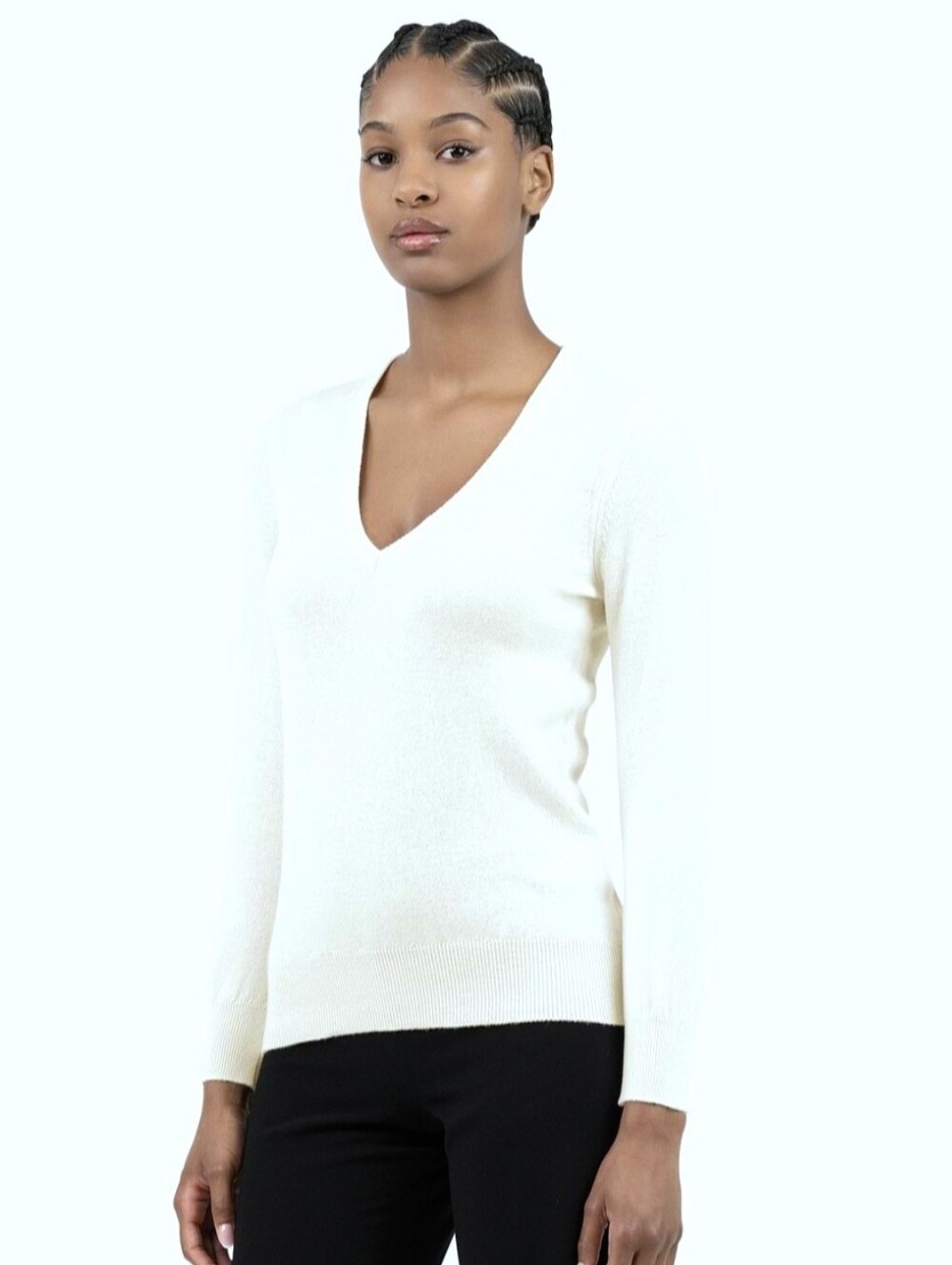Veronica Beard White Ribbed V-Neck Long Sleeve Top